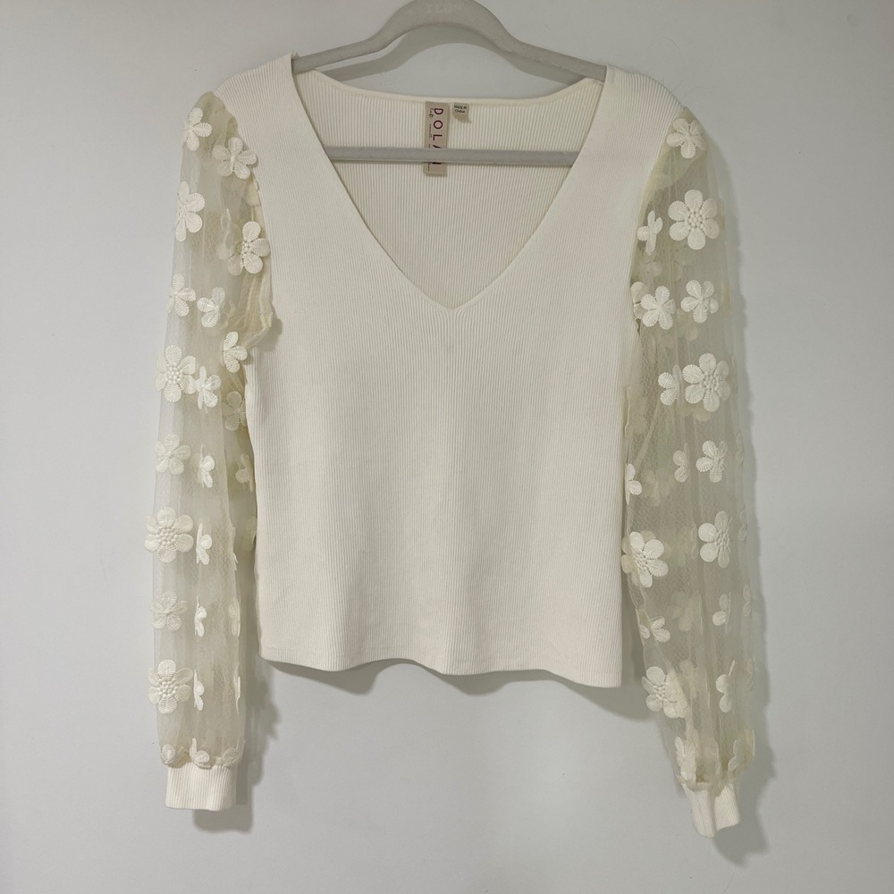 Dolan Left Coast Collection Mesh Floral Sleeve Top‎ Womens M White | Coquette
